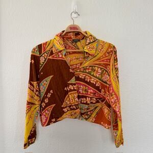 Haute Hippie Style Crop Blouse Women XL Mock Wrap Collared V-Neck Floral Paisley